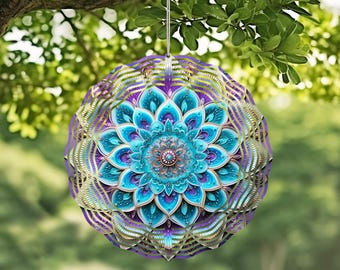 Turquoise Mandela Handcrafted Wind Spinner with Crystal Pendant - Outdoor Garden Decor, Unique Kinetic Art
