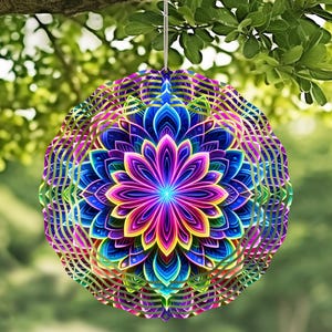 Neon Mandela Wind Spinner with Crystal Pendant - Outdoor Garden Decor, Unique Kinetic Art