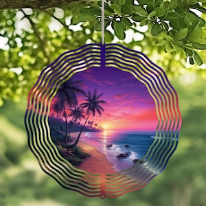 Beach Sunset Handcrafted Wind Spinner with Crystal Pendant - Outdoor Garden Decor, Unique Kinetic Art
