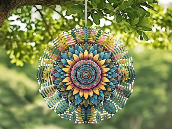 【WONDER WONDER】Kiving SeeThrough UNeck Cosmos Flower L/S T Mandela Flower Handcrafted Wind Spinner With Crystal Pendant