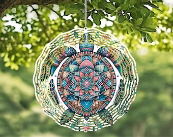 Boho turtle Wind Spinner with Crystal Pendant - Outdoor Garden Decor, Unique Kinetic Art