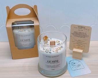 Celestial Bliss: Gemini Zodiac Crystal Candle - Embrace your dual nature with this enchanting handmade cosmic candle.