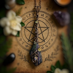 Witch Broom Pendant Necklace, Handmade Jewelry, Wire Wrap Black Tourmaline Crystal, Large Broomstick Amulet with Flowers, Oxidized Copper