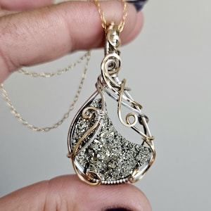 Pyrite Crescent Moon Necklace, Chrome Jewelry, Mixed Metal Gold Wire Wrap, Folklore Talisman, Handmade Pendant, Healing Crystal, Witchy Gift