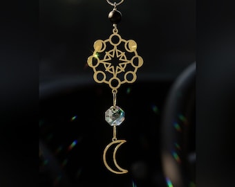 Moon Phase Car Charm • Crystal Rearview Sun Catcher • Sacred Geometry Car Accessory • Crescent Moon Ornament • Boho Spiritual Gift for Her