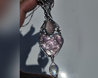 Lepidolite, Rose Quartz & Moonstone Necklace, Gemstone Heart Pendant, .925 Silver Wire Wrapped Statement Jewelry
