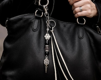 Gothic Gemstone Purse Charm with Raven Skull, Rose Quartz, Labradorite & Obsidian, Crystal Bag Bling Clip, Keychain or Belt Loop Accessory