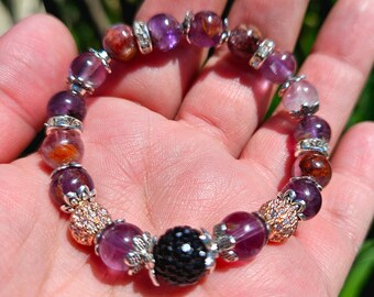 Super 7 Amethyst Beaded Stretch Bracelet, Healing Stone Bracelet, Stackable Boho Bracelet, Hippie Style, Crystal Jewelry, Best Friend Gift