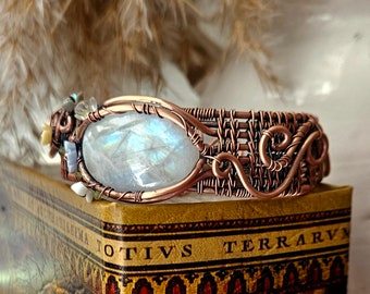 Rainbow Moonstone Cuff Bracelet, Elven Statement Jewelry, Ren Faire Dress, Handmade Rustic Bracelet, Antiqued Copper Bracelet, Wire Wrap