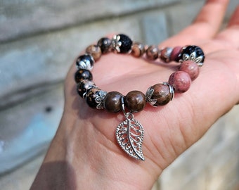 Size 5 Rhodonite Stretchy Beaded Bracelet, Healing Stone Bracelet, Boho Charm Bracelet, Hippie Style Crystal Jewelry, Best Friend Gift