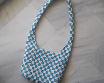 Blue and white crochet bag