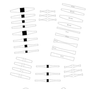 Può includere: Una grafica bianca con il testo "Groombridge Opals Templates Ring Shank Bundle". L'immagine mostra vari modelli di gambo ad anello, inclusi alcuni etichettati "55 mm" e "10 x 8".