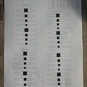 May include: A printed Ring Shank Template 3 on white paper. It features diagrams of ring shanks in various sizes, with measurements in millimetres and corresponding US and AU/UK ring sizes. A table with measurements is also included.