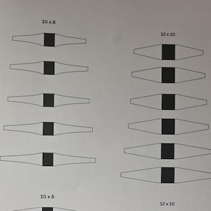 May include: A diagram showing several abstract shapes, each with a central black rectangle and tapering grey ends. Dimensions are labelled as 10 x 8 and 12 x 10.