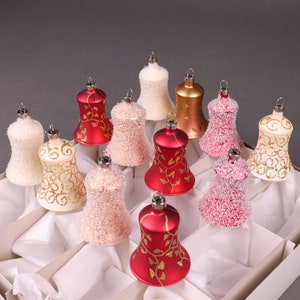 Set of 12 Czech Glass Bell Ornaments | Vintage Handcrafted Christmas Decor | Elegant Red, Gold & White Bells