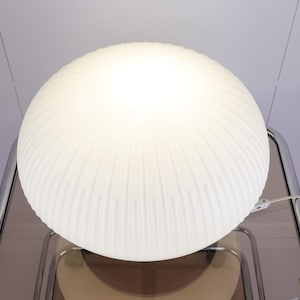 1970s Mushroom Table Lamp | White Ribbed Glass & Black Base | Mid-Century Space Age Light
