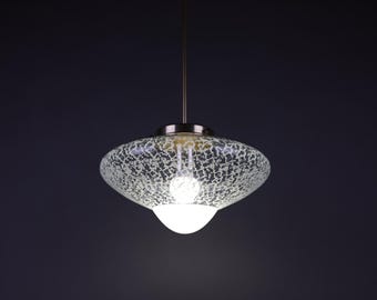 Vintage 1970s Speckled Glass Pendant Light: Mid-Century UFO Ceiling Lamp