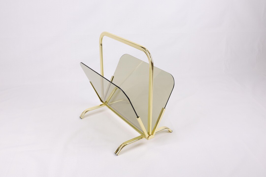 1970s Vintage Brass and Smoked Glass Magazine Rack | Mid Century Modern ...