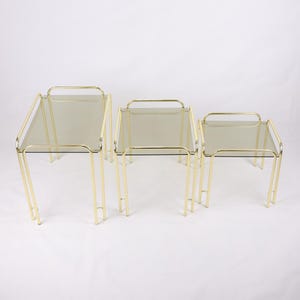 Vintage Mid-Century Nesting Tables: Brass & Smoked Glass Accent Set