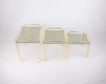 Vintage Mid-Century Nesting Tables: Brass & Smoked Glass Accent Set