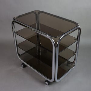 1980s Smoked Glass Side Table | Chrome Rolling Table | Vintage German Design Furniture | Mid-Century Modern Coffee Table