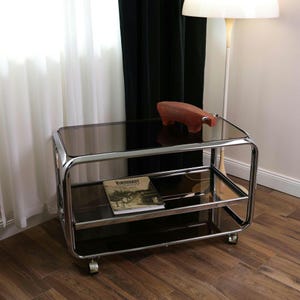 Vintage Chrome Bar Cart | Smoked Glass Shelves | 1970s Mid Century Modern Drinks Trolley with Sliding Shelf