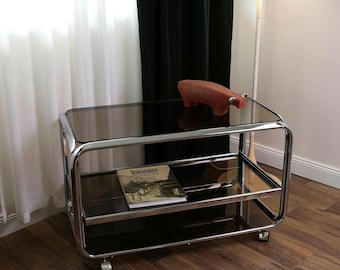 Vintage Chrom Barwagen | Rauchglas Regale | 1970er Jahre Mid Century Modern Getränkewagen mit ausziehbarer Ablage