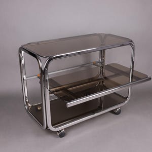 1970s Smoked Glass Side Table | Chrome Rolling Console | Vintage Mid-Century Modern Trolley | Vintage Glam Accent Table for Living Room