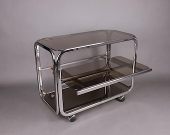 1970er Jahre Rauchglas Beistelltisch | Chrom-Rolling-Konsole | Vintage Mid-Century Modern Servierwagen | Vintage Glam Akzent Tisch für Wohnzimmer