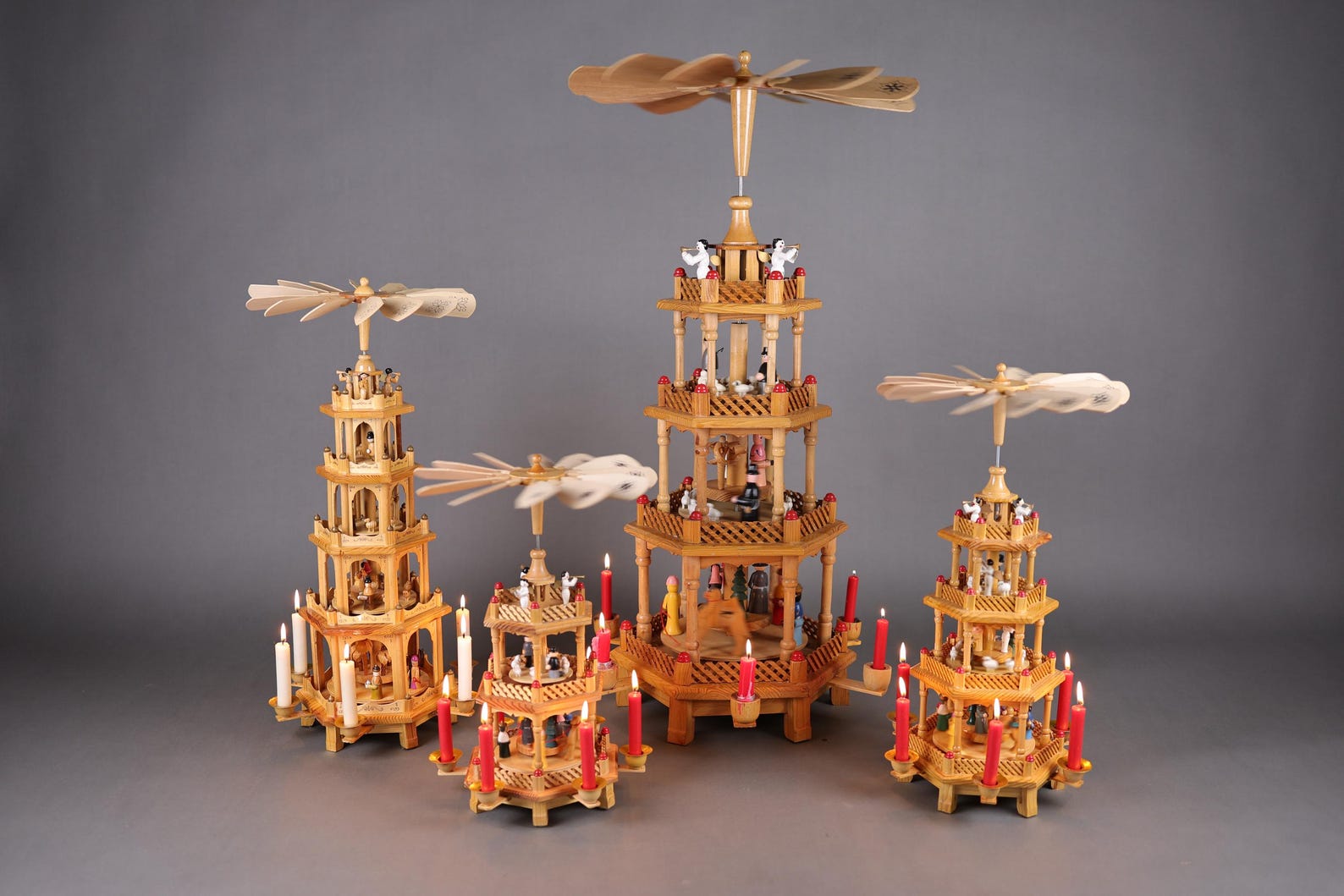 Vintage German Christmas Pyramid | Erzgebirge Carousel | One of 4 Handcrafted Wooden Candle Holders | Candle-Powered Windmill