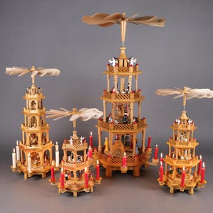 Vintage German Christmas Pyramid | Erzgebirge Carousel | One of 4 Handcrafted Wooden Candle Holders | Candle-Powered Windmill