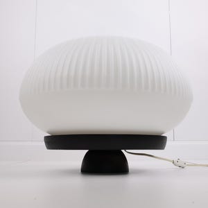 1970s Mushroom Table Lamp | White Ribbed Glass & Black Base | Mid-Century Space Age Light