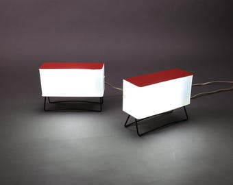 Vintage Red Table Lamps Pair: Mid-Century Modern Bedside Lighting