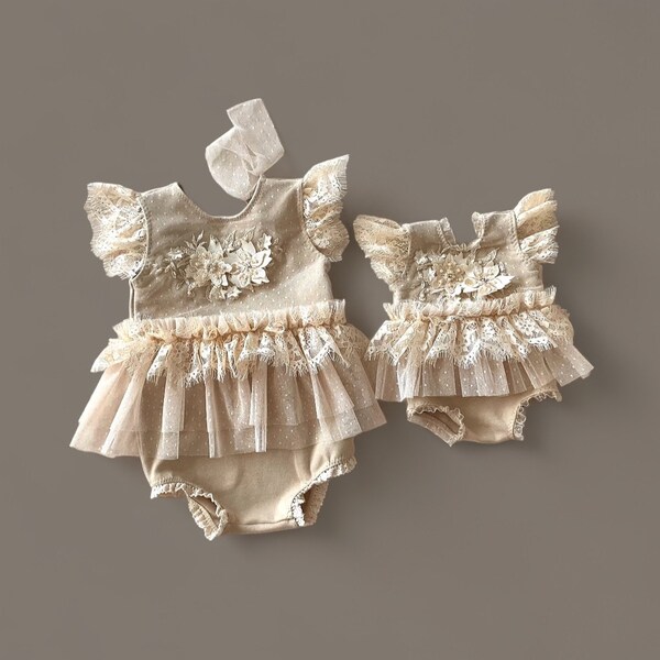 Sitter romper baby girl, Photography prop milestone, Sitter photo outfit girl, Sitter photo props, Beige  ruffled lace romper