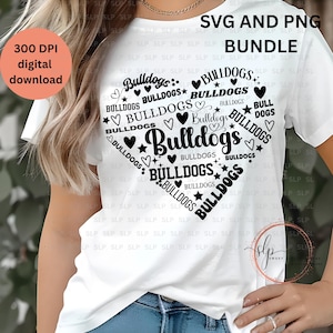 May include: White t-shirt featuring a heart-shaped design filled with the word "Bulldogs" in various fonts and sizes, along with stars and hearts. The shirt also includes the text "SVG AND PNG BUNDLE" and "300 DPI digital download".