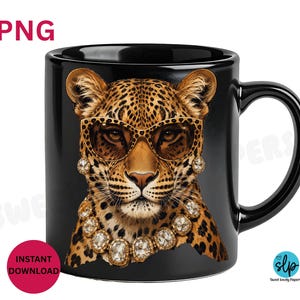 May include: Black ceramic mug featuring a leopard wearing sunglasses, earrings, and a necklace. The leopard has a spotted coat and is centered on the mug. The mug has a black handle and a white background.