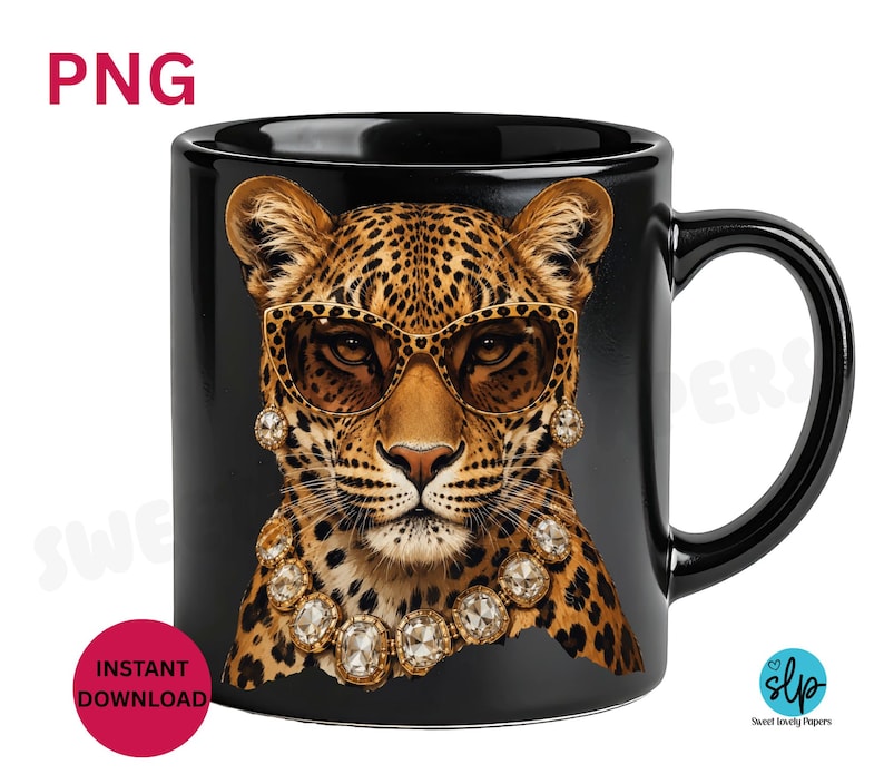 May include: Black ceramic mug featuring a leopard wearing sunglasses, earrings, and a necklace. The leopard has a spotted coat and is centered on the mug. The mug has a black handle and a white background.