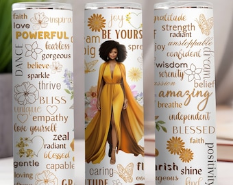Positive Affirmations 20 oz Skinny Tumbler Black woman Sublimation Design, Digital PNG, Inspirational sublimation design PNG wrap, self love