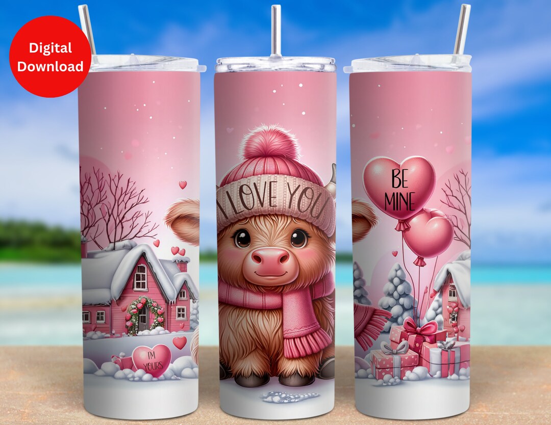 Pink Highland Cow Valentine Sublimation Design 20oz Skinny Tumbler Wrap ...