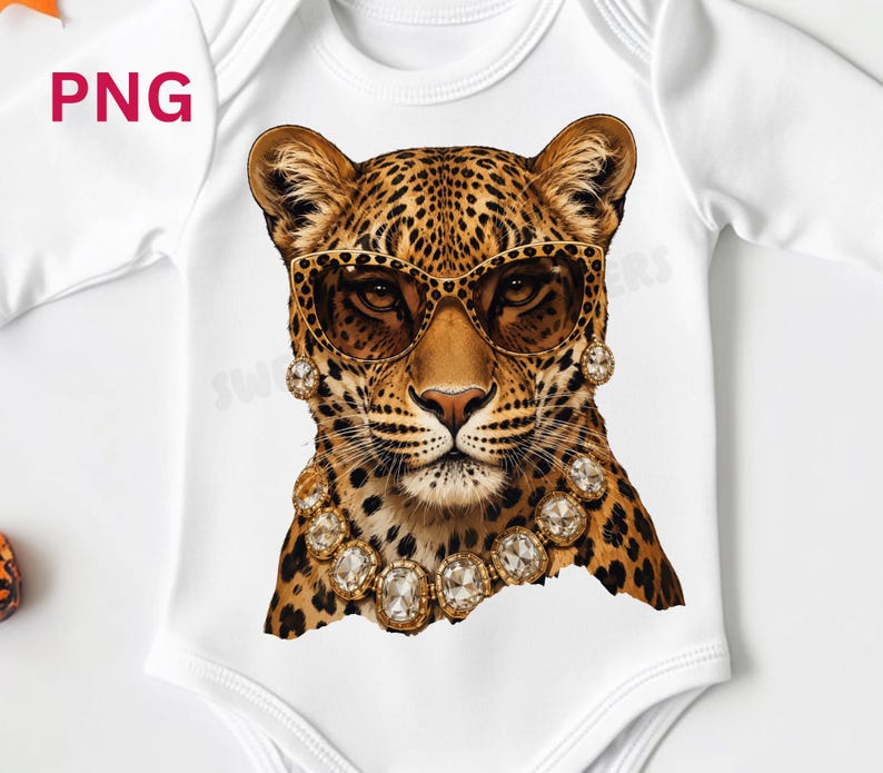 May include: White baby bodysuit featuring a leopard illustration wearing sunglasses and a jeweled necklace. The leopard has a brown and black spotted coat. The sunglasses are brown with a gold frame. The necklace and earrings have large, clear jewels.
