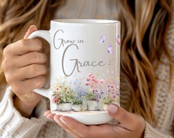Grandir dans la grâce Mug Wrap : verset de la Bible chrétienne café PNG, emballage de tasse divine PNG, téléchargement numérique instantané