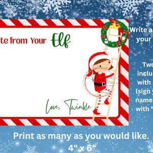 May include: A holiday-themed note card with a red and white striped border. The card features the text "A Note from Your Elf" and "Love, Twinkle." An illustration of an elf climbing a ladder is also present. The card measures 4" x 6".