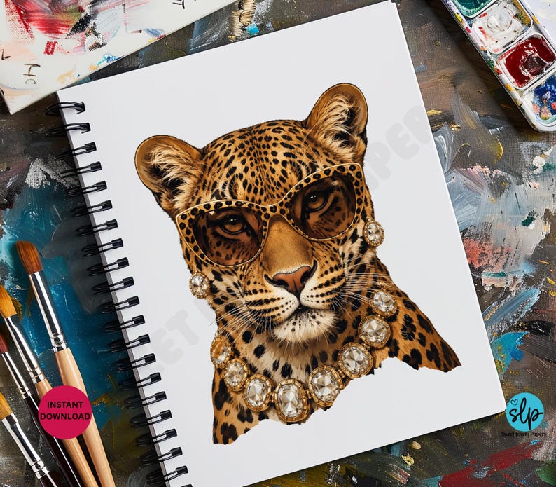 May include: A leopard illustration wearing sunglasses and a diamond necklace and earrings. The leopard has a spotted coat and is drawn on a white spiral-bound sketchbook. Paintbrushes and a watercolor palette are in the background.