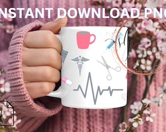 Peut inclure: Une tasse en céramique blanche avec une tasse à café rose, un symbole de caducée médical, une ligne de rythme cardiaque, une pilule, une seringue et une paire de ciseaux. La tasse est tenue par une main portant un pull rose.