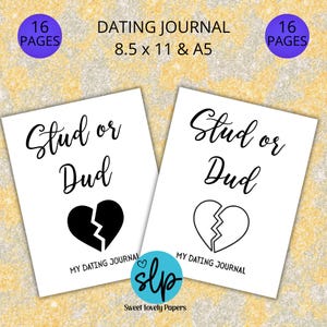 Może przedstawiać: Dwa białe dzienniki randkowe "Stud or Dud" z grafiką złamanego serca. Dzienniki mają wymiary 21,6 x 27,9 cm i format A5. Tekst "My Dating Journal" znajduje się pod sercem. Obraz zawiera również tekst "Sweet Lovely Papers".