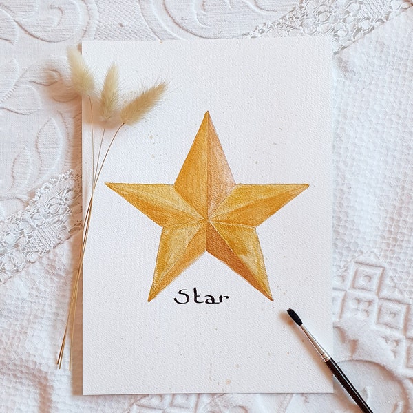 Peinture aquarelle "star", étoile amish aquarelle dorée, illustration