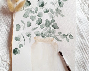 Aquarelle originale bouquet d'eucalyptus, idée cadeau fête des mères, décoration murale, art print