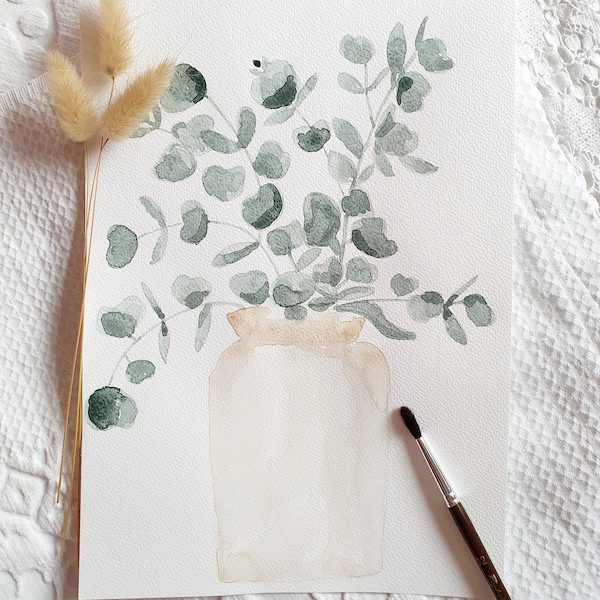 Aquarelle originale bouquet d'eucalyptus, idée cadeau fête des mères, décoration murale, art print