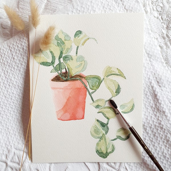 Aquarelle originale plante pothos, idée cadeau fêtes des mères, décoration murale, art print