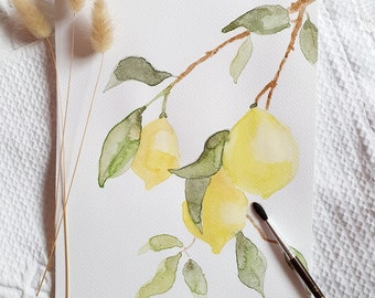 Aquarelle originale citrons, idée cadeau fête des mères, décoration murale, art print